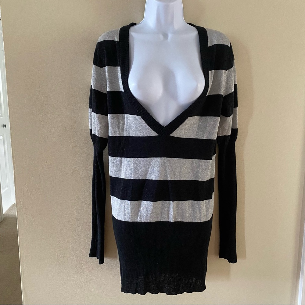 Vintage Mixit Silver & Black Sweater Dress Deep V Mini Length Size L Large Thin